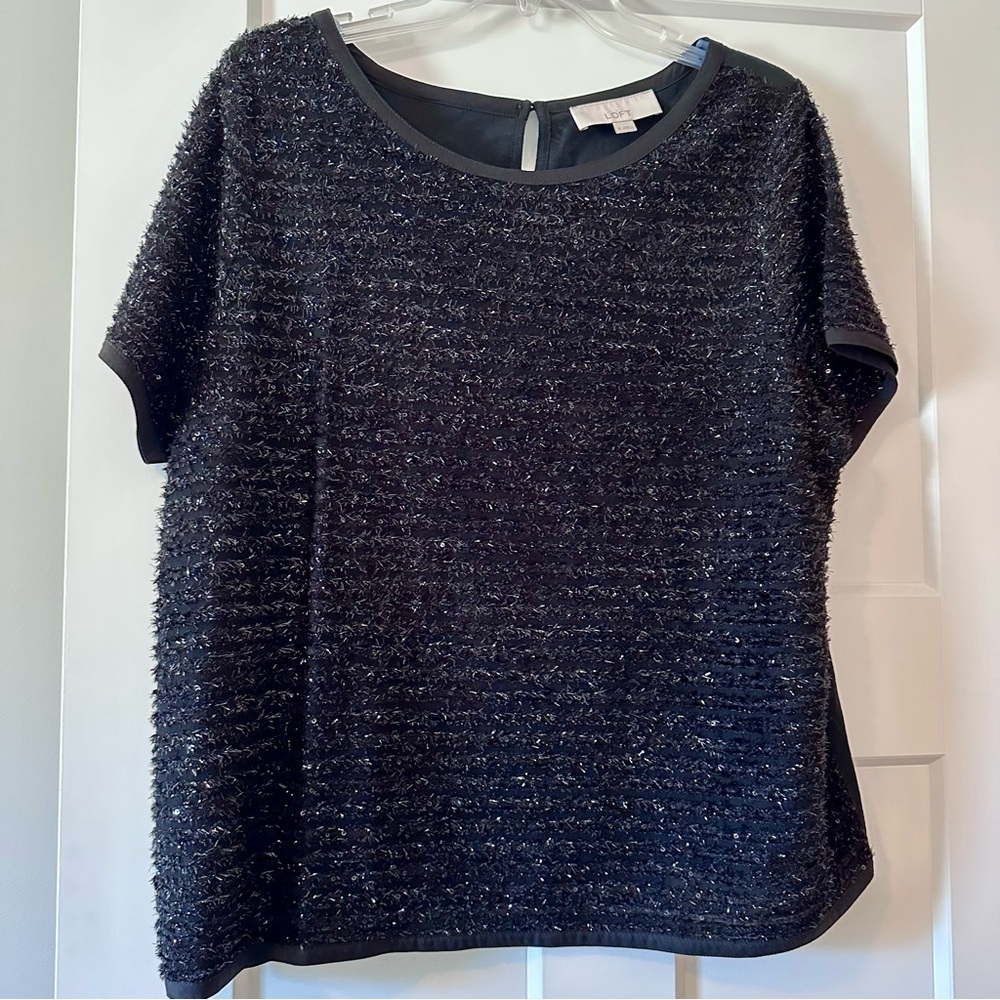 LOFT Black Sparkly Fringe Front Top XL Short Sleeve Party Blouse